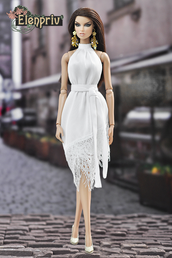 ELENPRIV white silk knee length dress with lace {Choose size