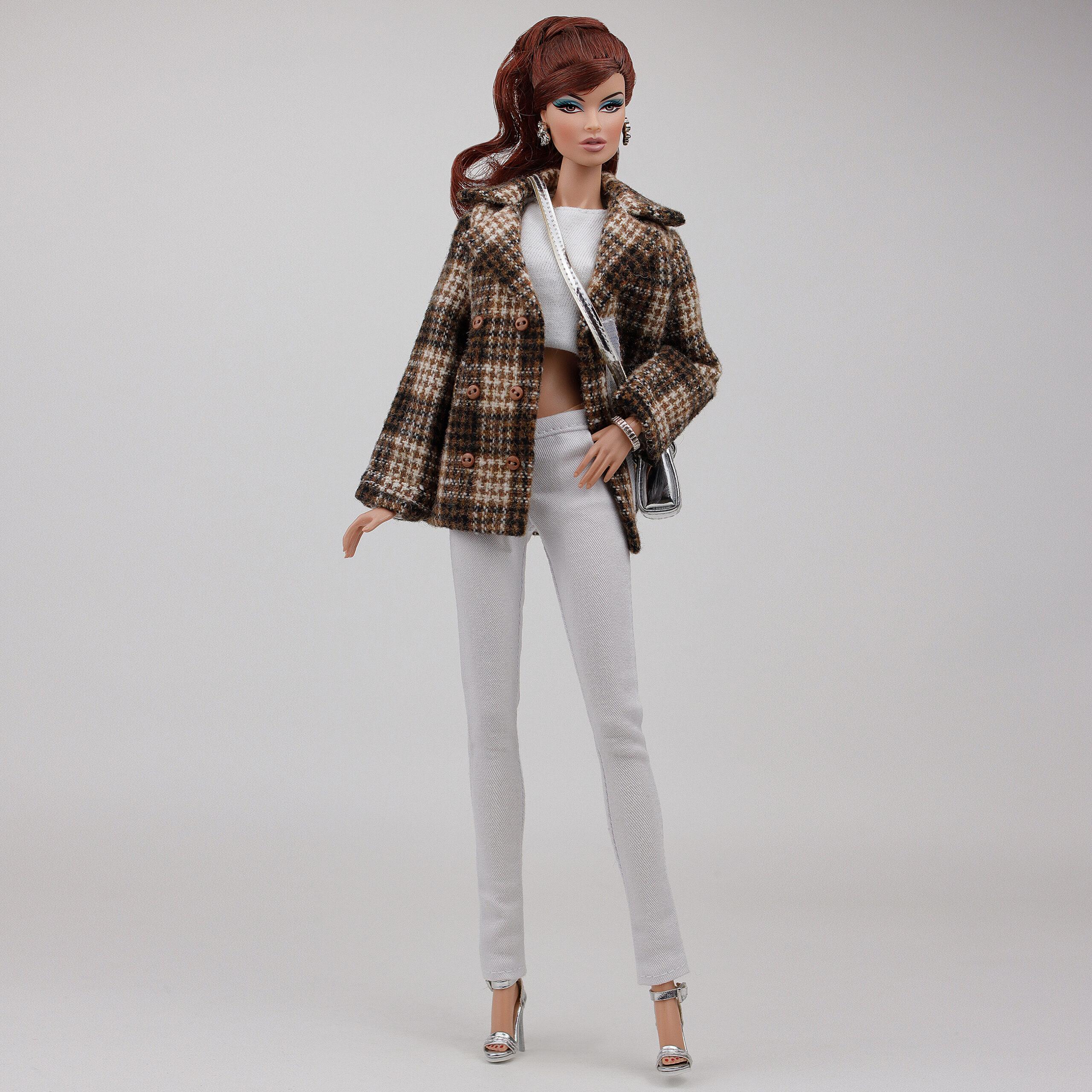 FA-043 Brown plaid peacoat for 11 1/2; Brb Pivotal Made-to-Move Poppy  Parker body dolls and similar size dolls 11 1/2; Brb clothes
